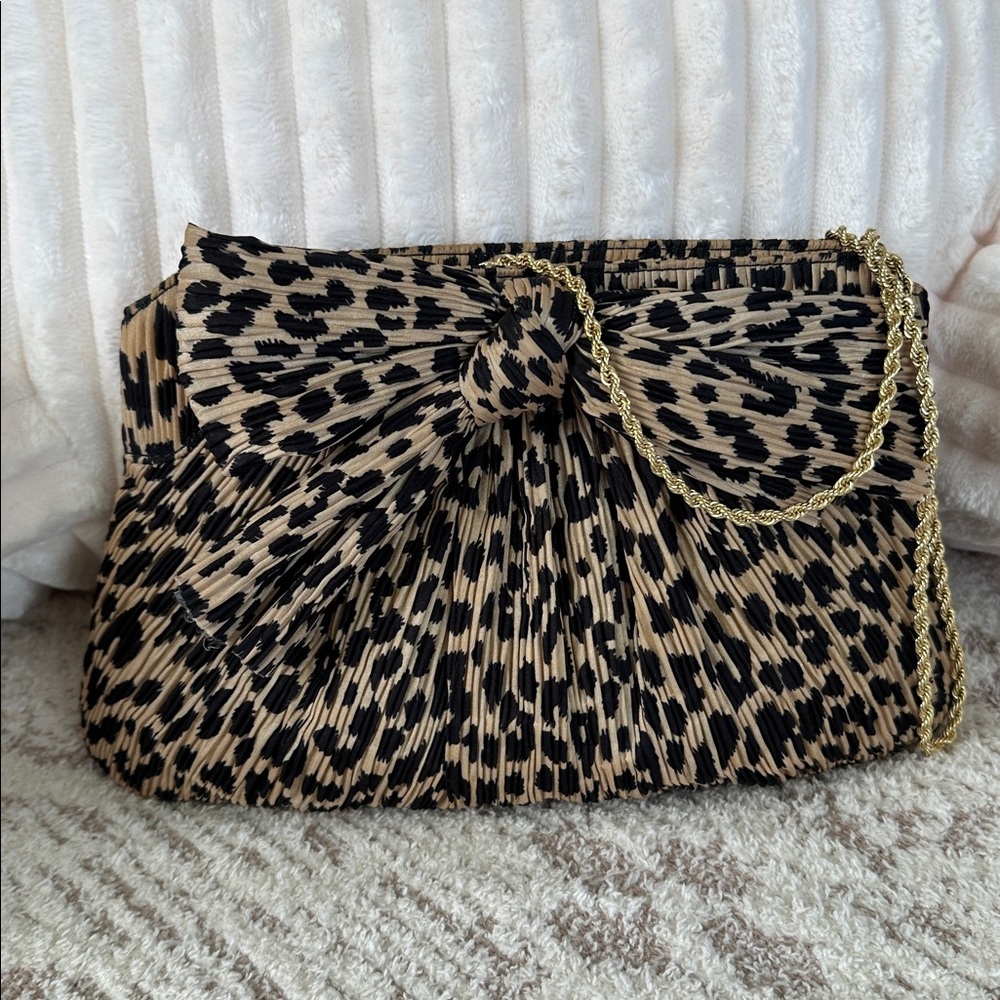 Loeffler Randall Pleated Leopard Bow Clutch w/ Gold Chain Strap Evening Bag